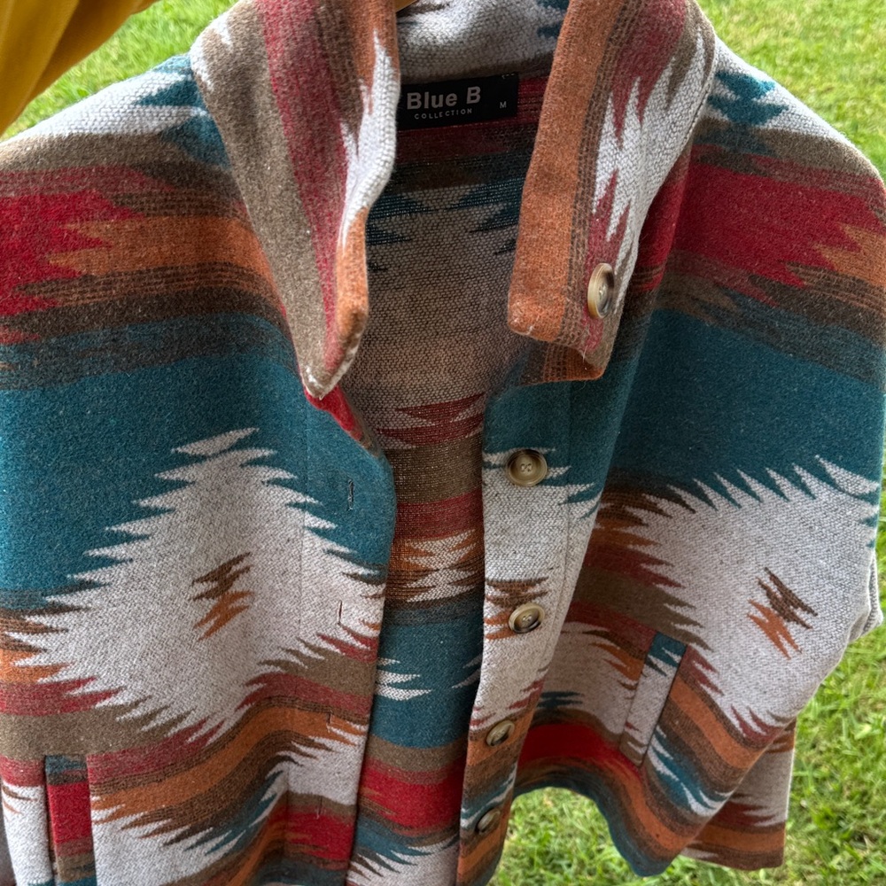 Wool Blend Geometric Pattern Jacket - Teal & Red - Picture 6 of 6